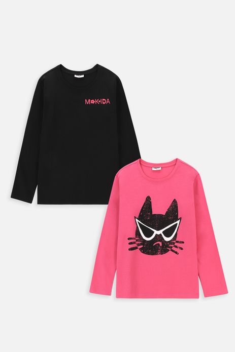 T-shirt z długim rękawem 2 pack różowy z kotem i czarny z logo Mokida
