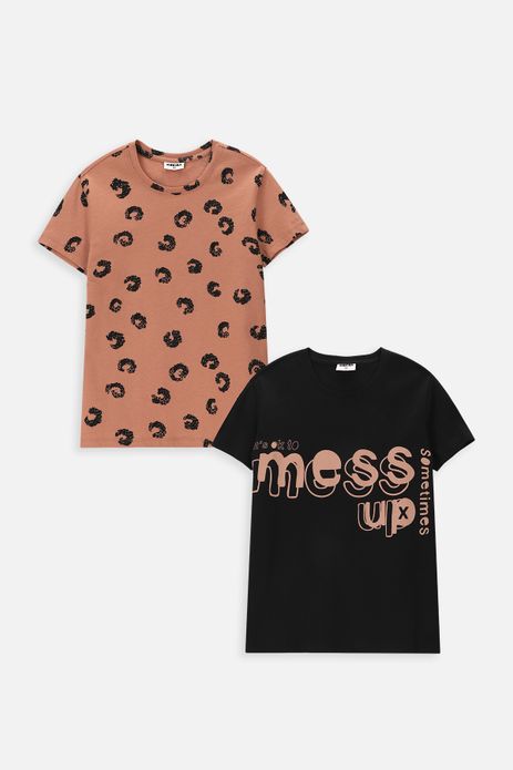 T-shirt z krótkim rękawem 2 pack beżowy w panterkę i czarny z napisem