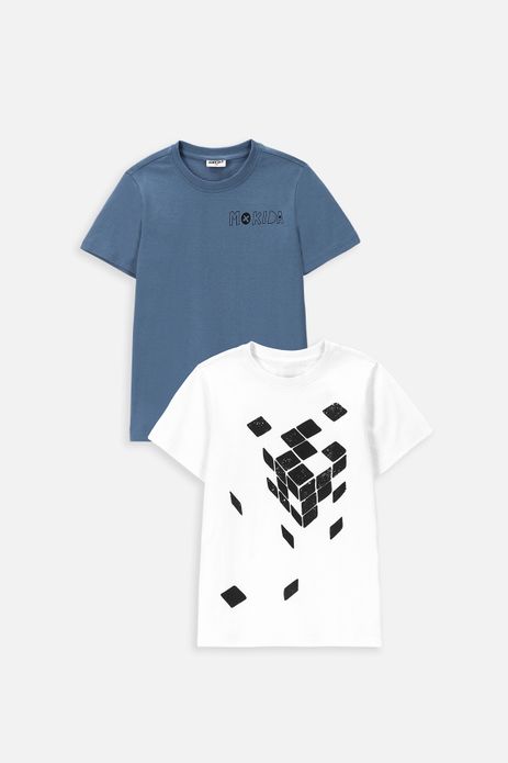 T-shirt z krótkim rękawem 2 pack biały z nadrukiem i niebieski z logo Mokida