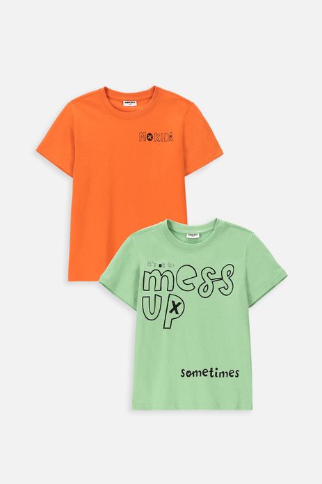 T-shirt z krótkim rękawem 2 pack miętowy z napisem i pomarańczowy z logo Mokida