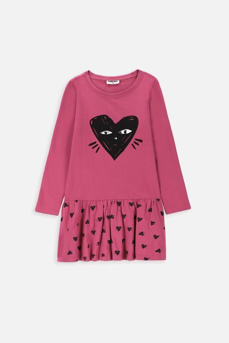 Sukienka dzianinowa z długim rękawem różowa rozkloszowana w serduszka z kotkiem