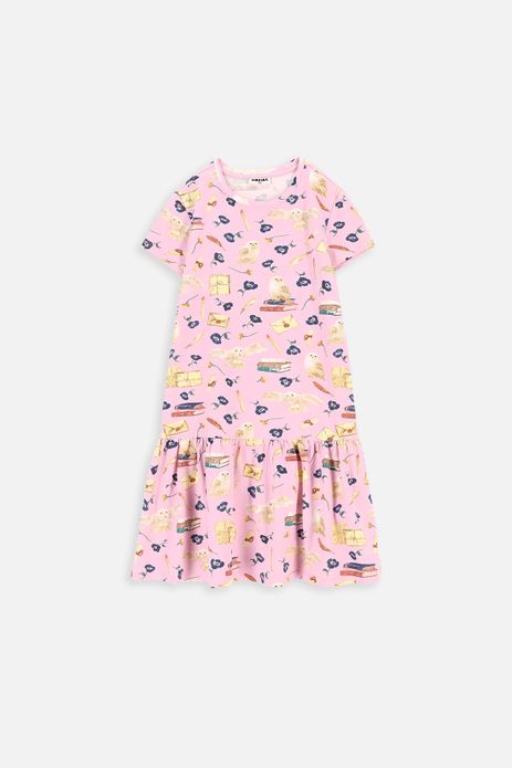 Sukienka dzianinowa z krótkim rękawem HARRY POTTER fioletowa rozkloszowana z nadrukiem na całości