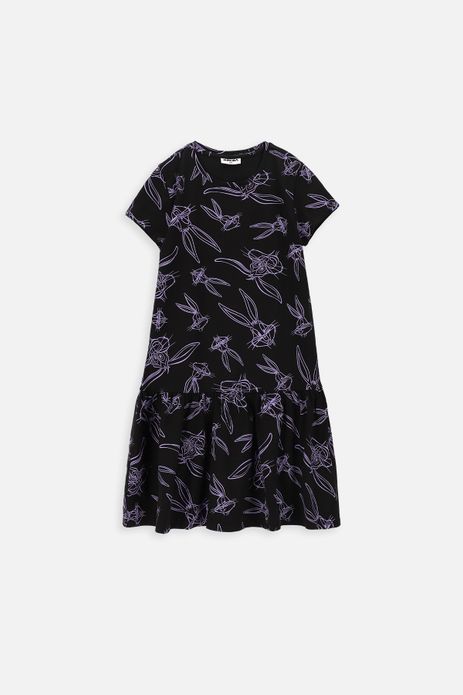 Sukienka dzianinowa z krótkim rękawem LOONEY TUNES czarna rozkloszowana z nadrukiem - Królik Bugs