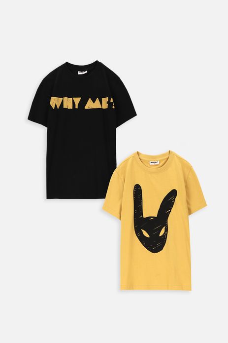 T-shirt z krótkim rękawem 2 pack czarny z napisem i miodowy z królikiem