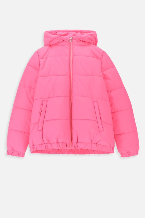 Kurtka przejściowa z kapturem różowa wodoodporna pikowana z ociepleniem